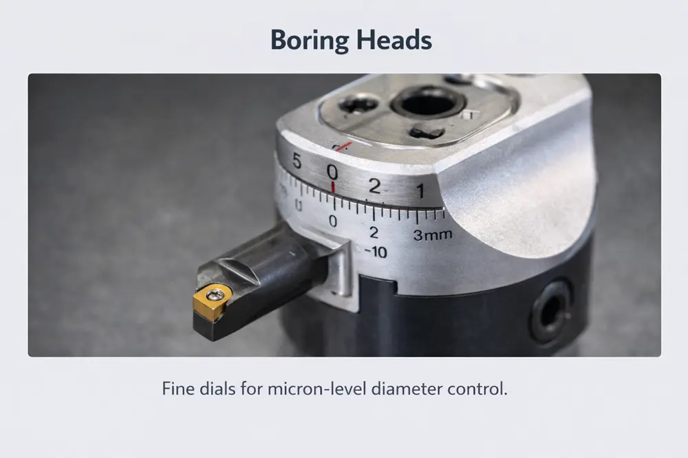 Close-up of a boring head showing a fine adjustment dial