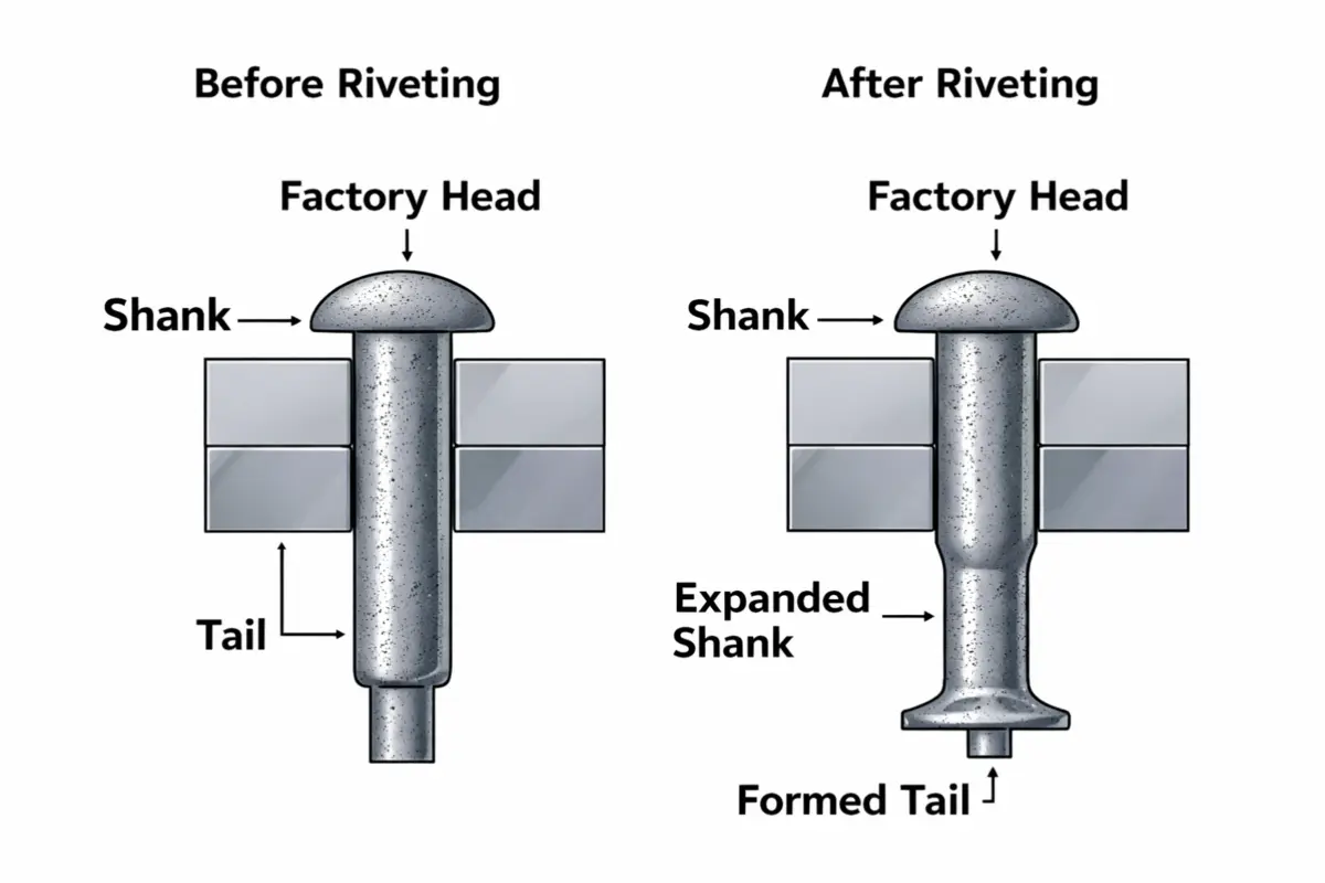 diagram showing rivet structure and how the tail deforms to create a permanent joint