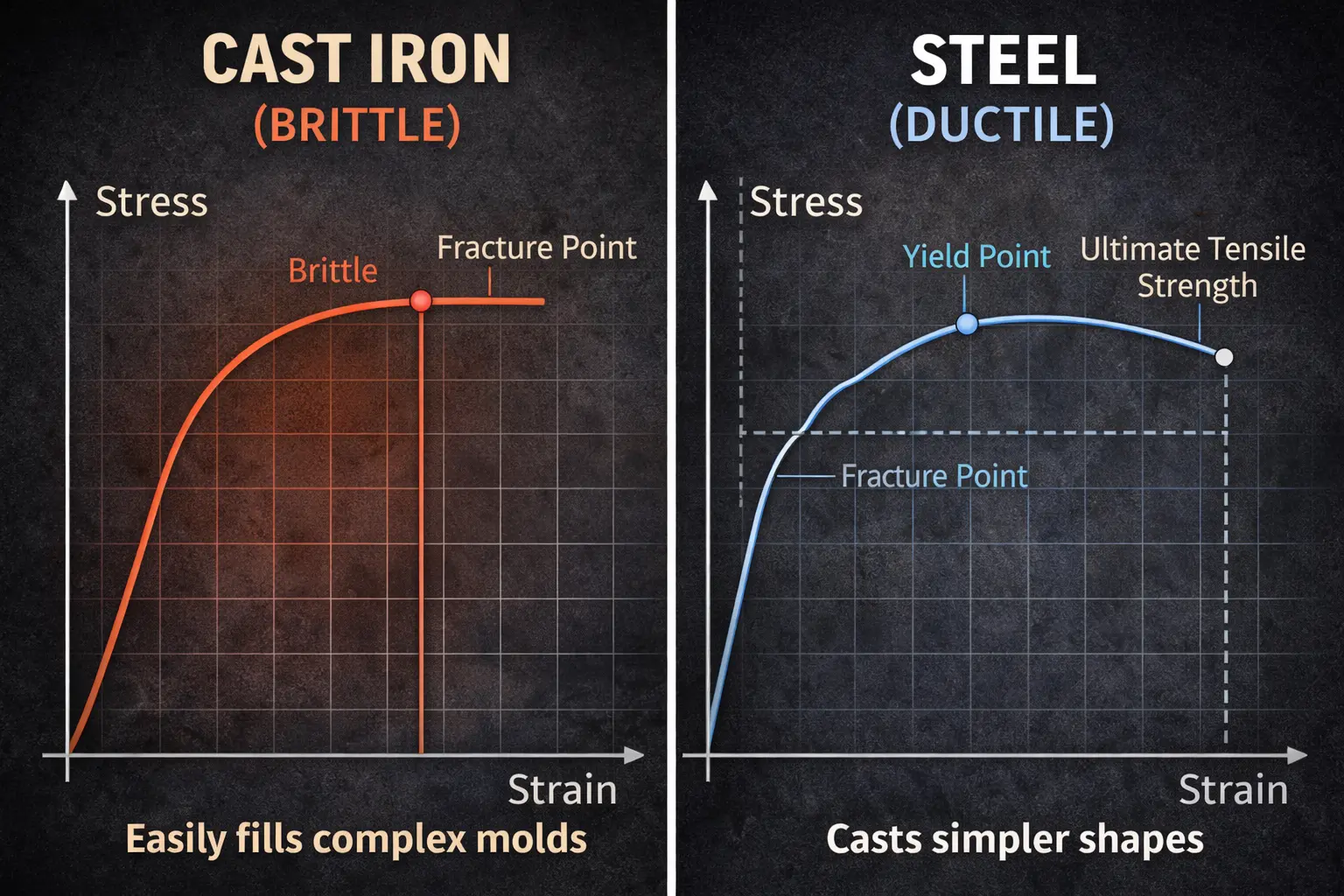 stress-strain chart illustrating brittleness of cast iron and ductility of steel