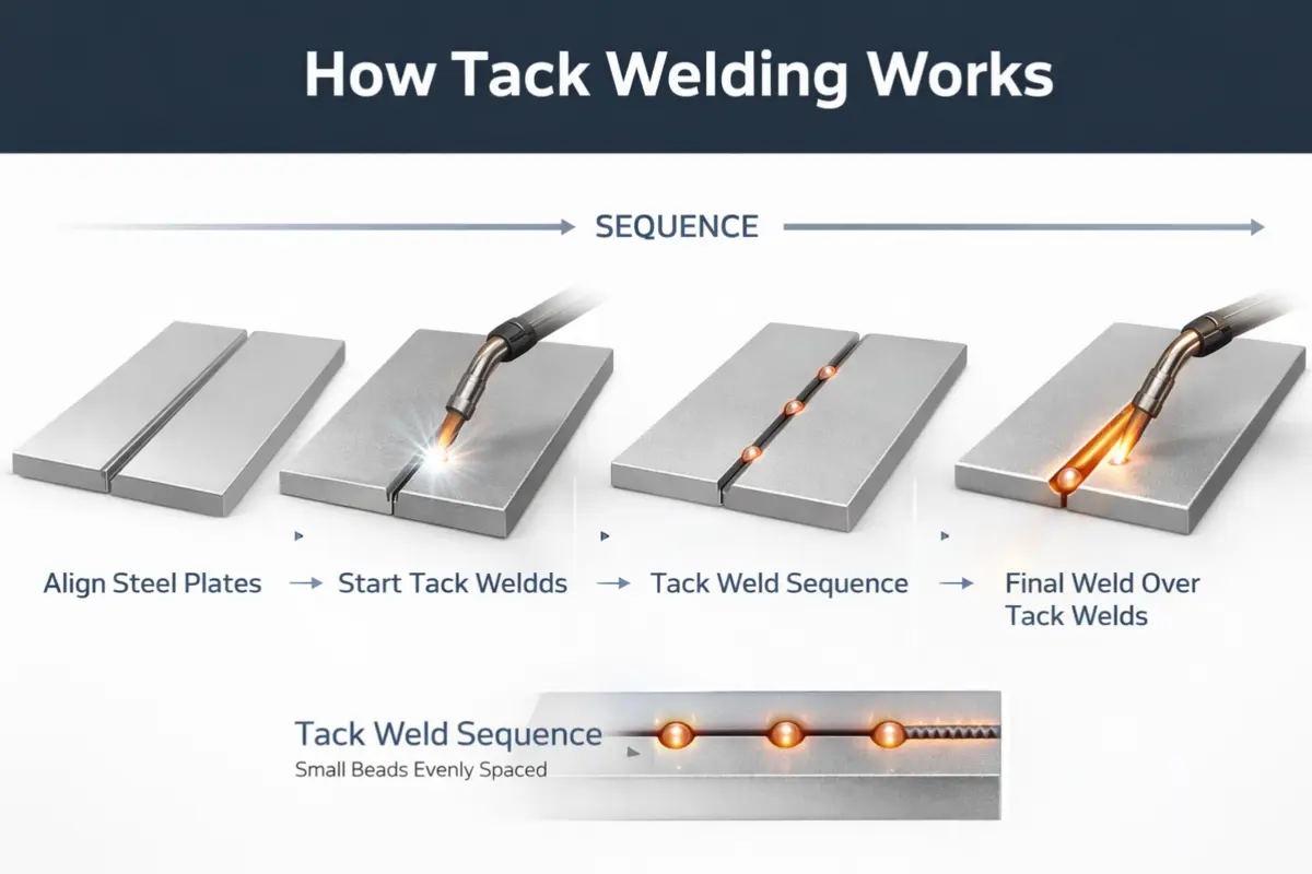 diagram showing how tack welds hold metal components in alignment before final welding
