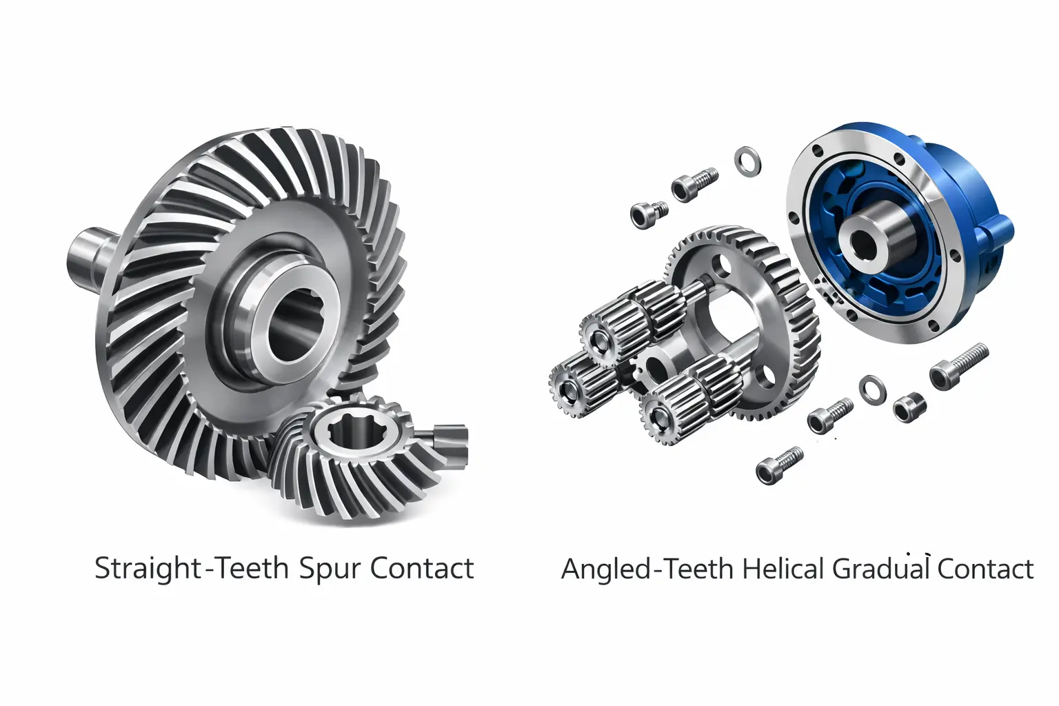3D render of spiral bevel gears and exploded planetary gearbox