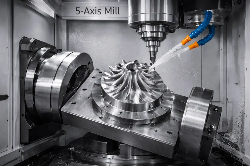 5-Axis → 5-axis CNC mill cutting a complex aerospace impeller in one setup