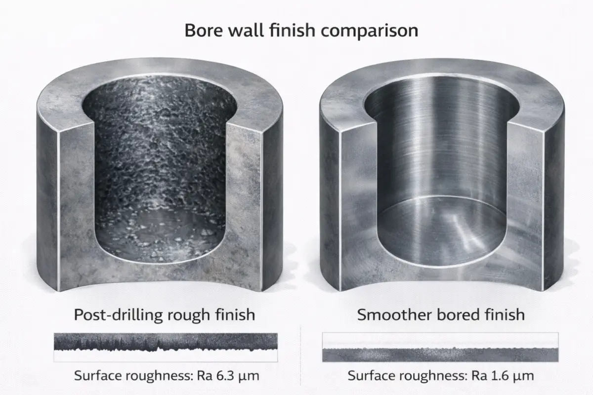 Bore wall finish comparison post‑drilling rough finish vs smoother bored finish with Ra examples