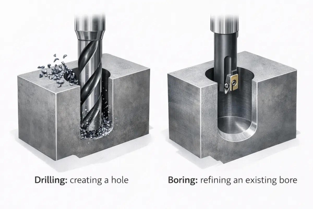 Boring vs drilling overview a drill creating a hole and a boring tool refining an existing bore
