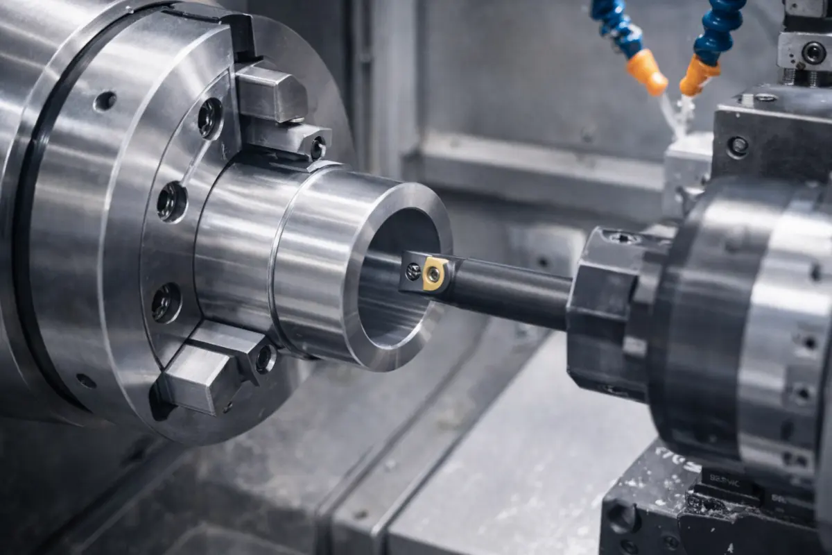 CNC lathe performing a boring operation with boring bar inserted into workpiece
