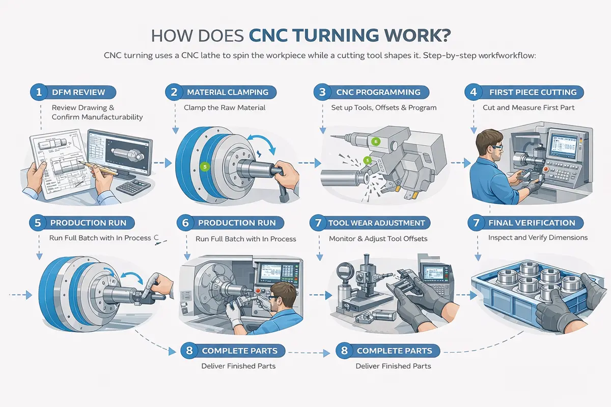 Diagram of CNC turning process showing rotating workpiece and cutting tool path on lathe