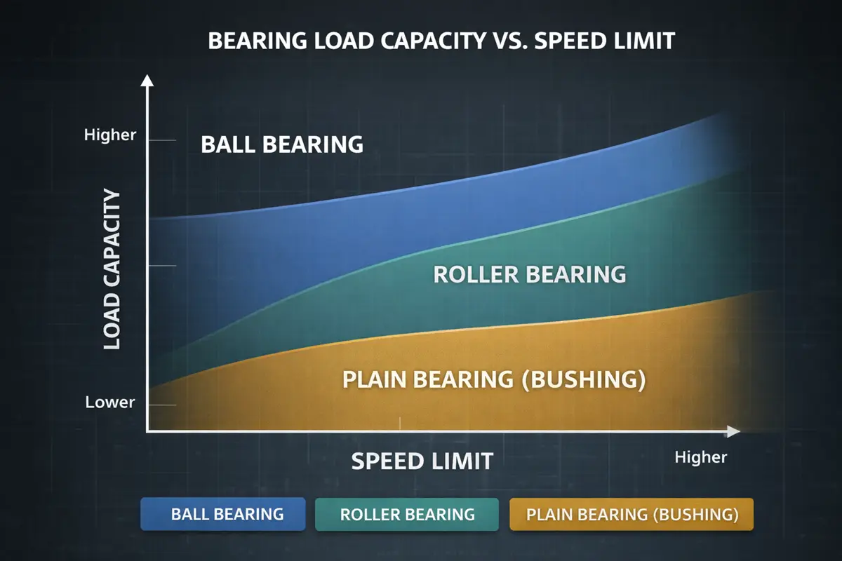 Chart comparing load capacity and speed limits for ball, roller, and plain bearings