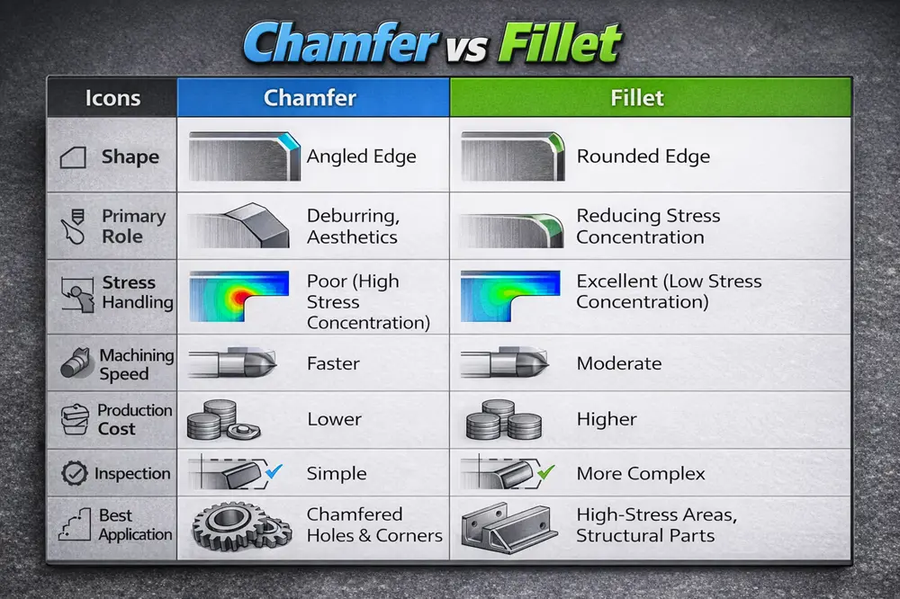 Comparison chart listing features with chamfer and fillet columns: shape, role, stress handling, speed, cost, inspection, best use