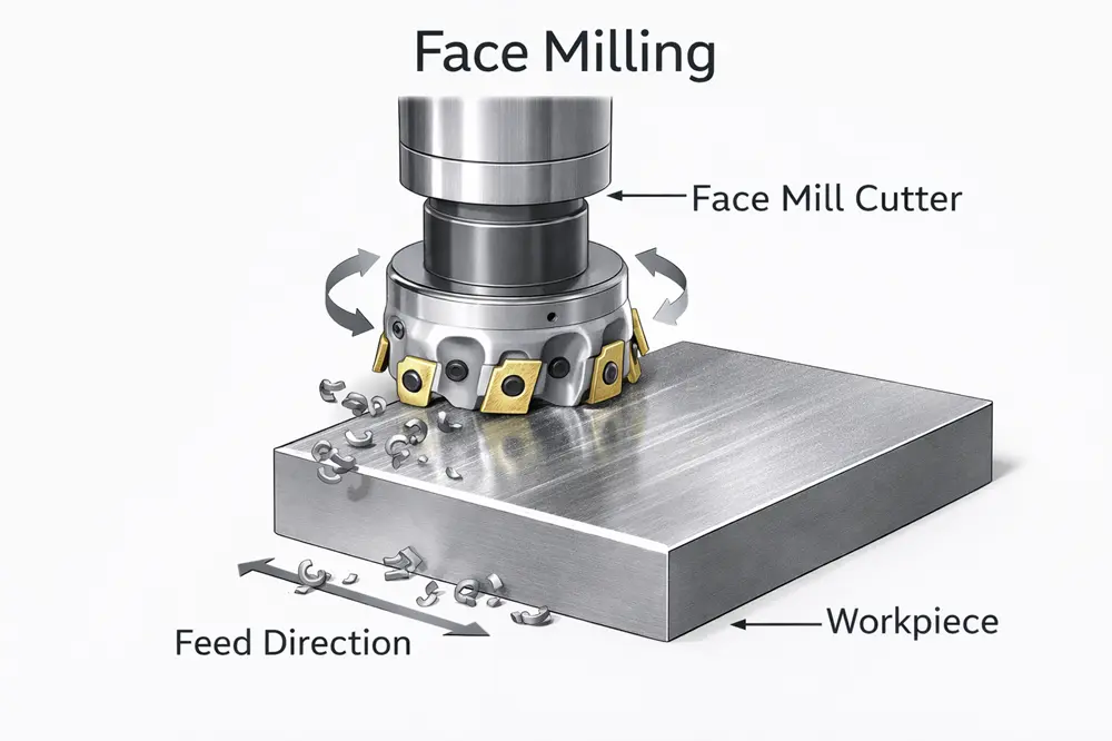 Face milling cutter flattening metal surface perpendicular to workpiece.