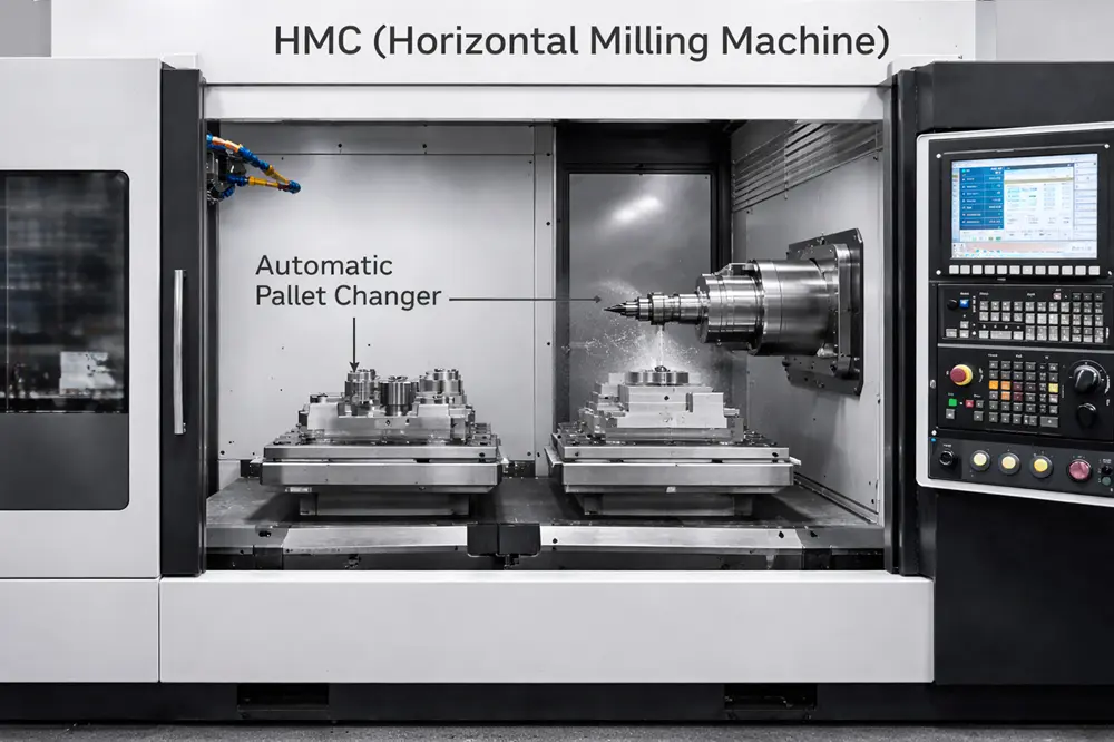 HMC → Horizontal milling machine setup showing improved chip evacuation by gravity