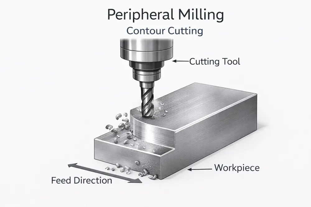 Peripheral milling of outer edges with end mill side teeth