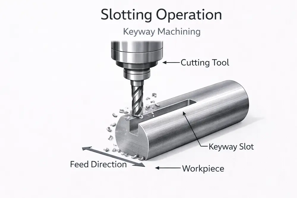 Slotting process creating narrow channel in steel component.