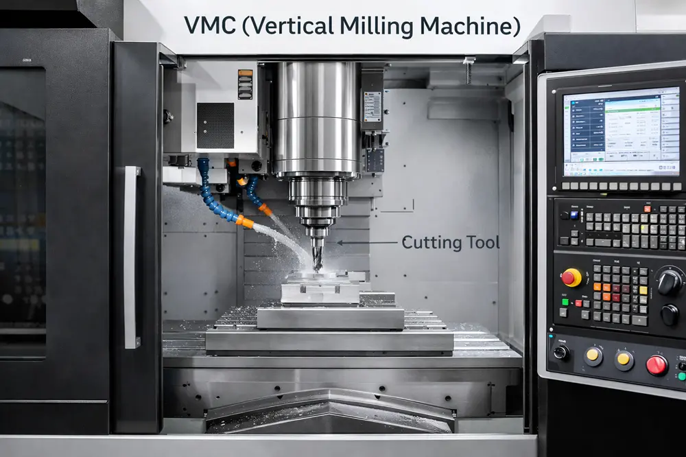VMC → Vertical milling machine with upright spindle machining a flat metal plate.