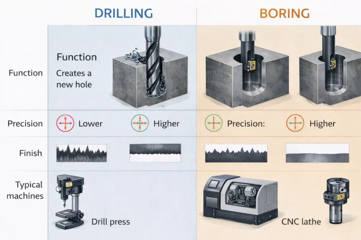 comparing drilling vs boring function, precision, finish, and typical machines