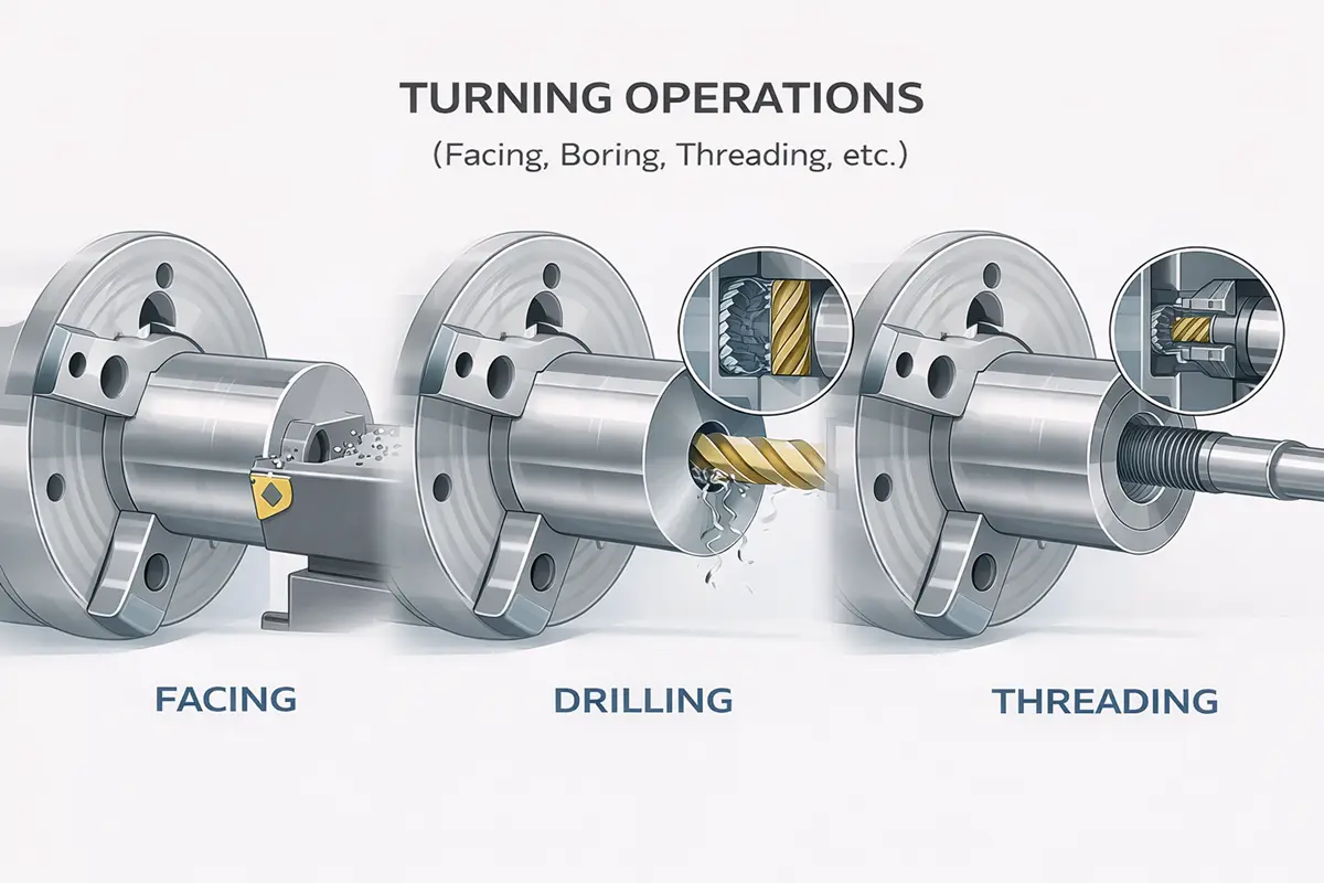 close-up view of CNC turning operations — facing, drilling, and threading a metal component