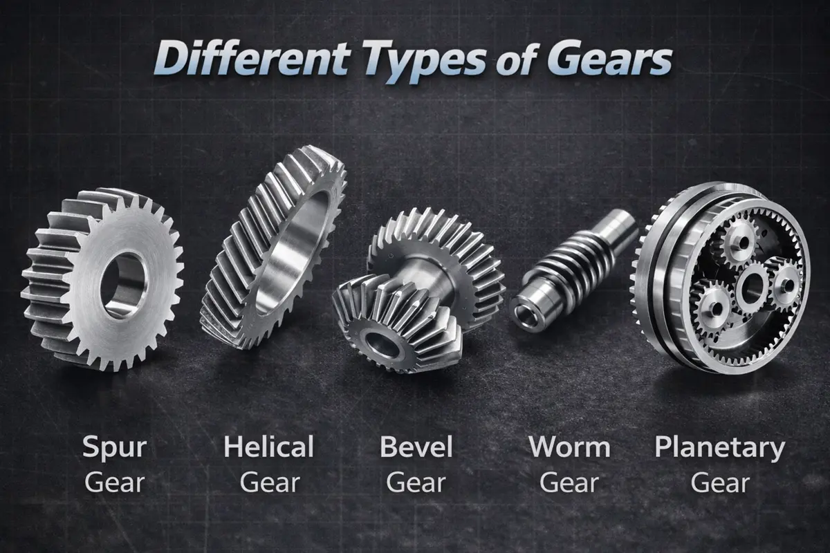  Montage of spur, helical, bevel, worm, and planetary gears on engineering grid