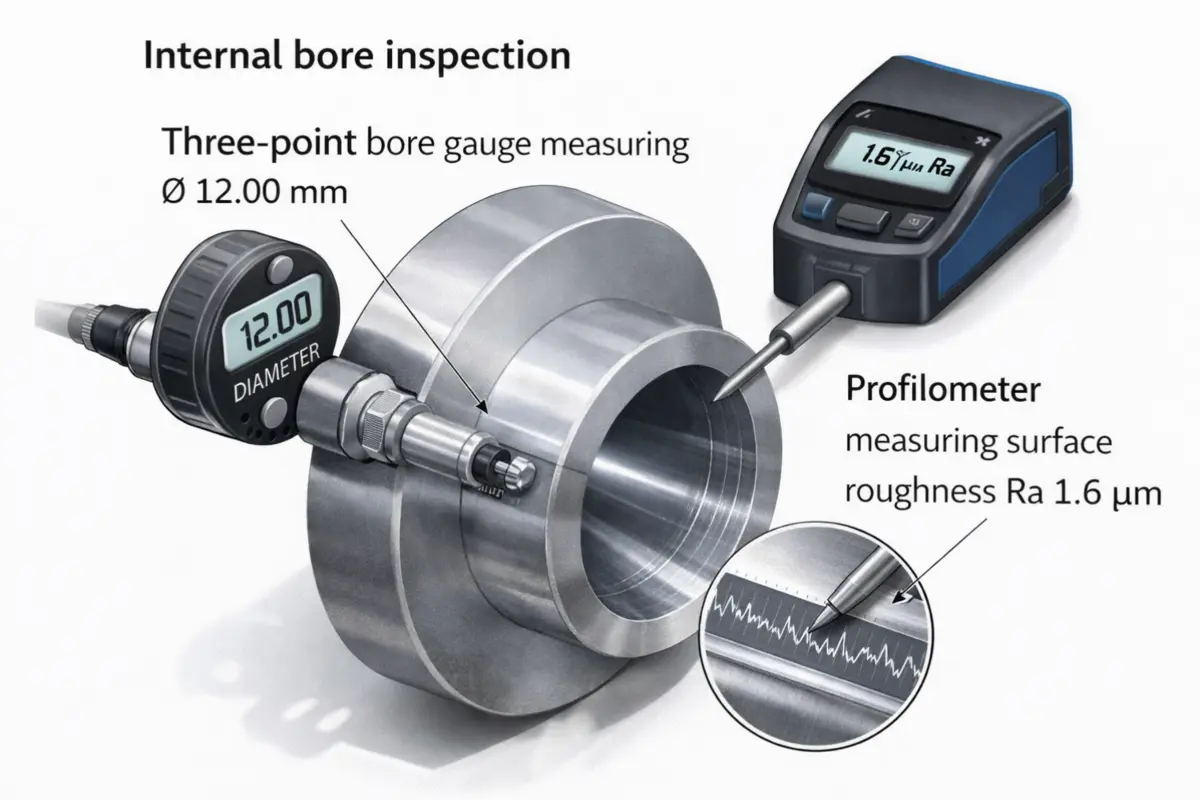 internal bore inspection showing a three‑point bore gauge measuring Ø 12.00 mm and a profilometer measuring surface roughness Ra 1.6 µm