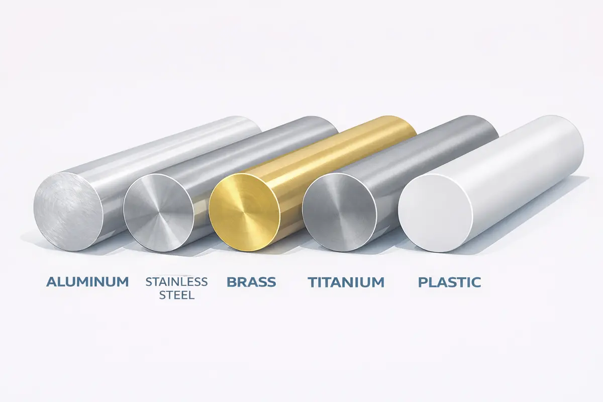 common CNC turning materials including aluminum, stainless steel, brass, titanium, and plastics