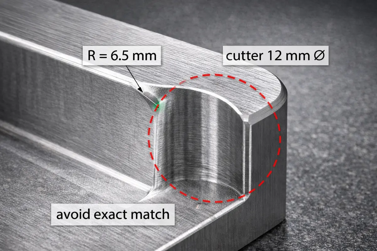 Pocket corner sketch showing recommended R6.5 mm with 12 mm cutter—advice to avoid exact radius matching.