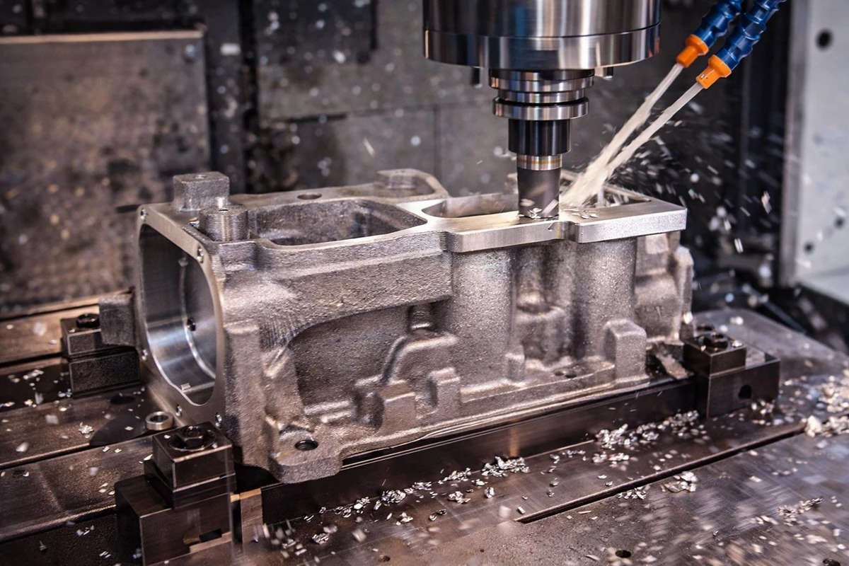 CNC machine finishing critical mating surfaces on a raw aluminum cast part 