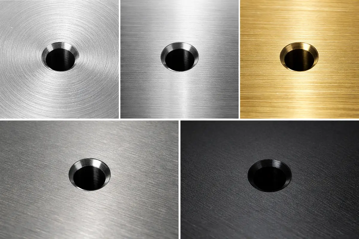 Closeup of precision drilled holes in aluminum, brass, and stainless steel samples