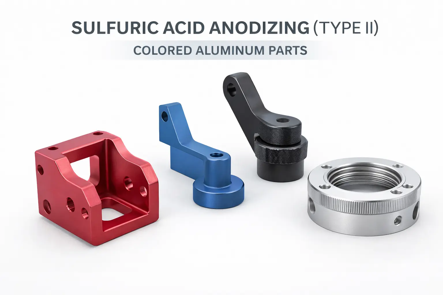 Colored aluminum parts after Type II sulfuric acid anodizing
