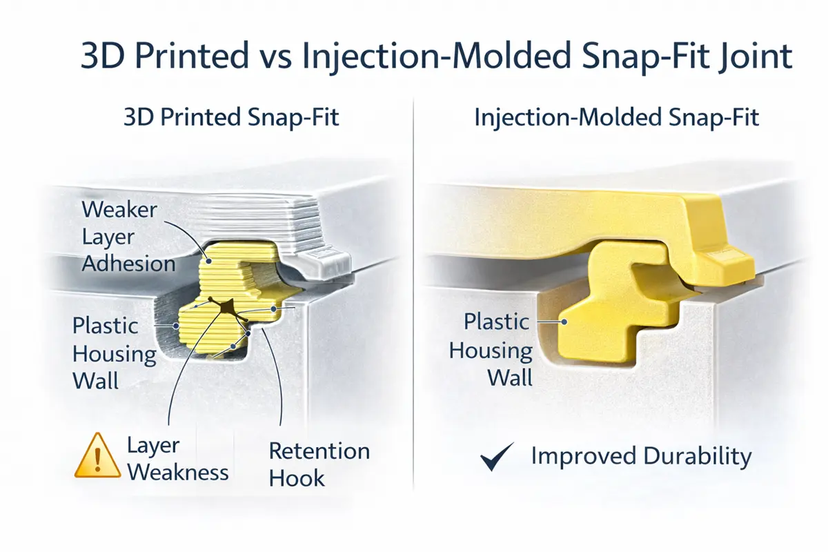  Comparison of 3D printed snap-fit joint layers vs solid injection-molded structure