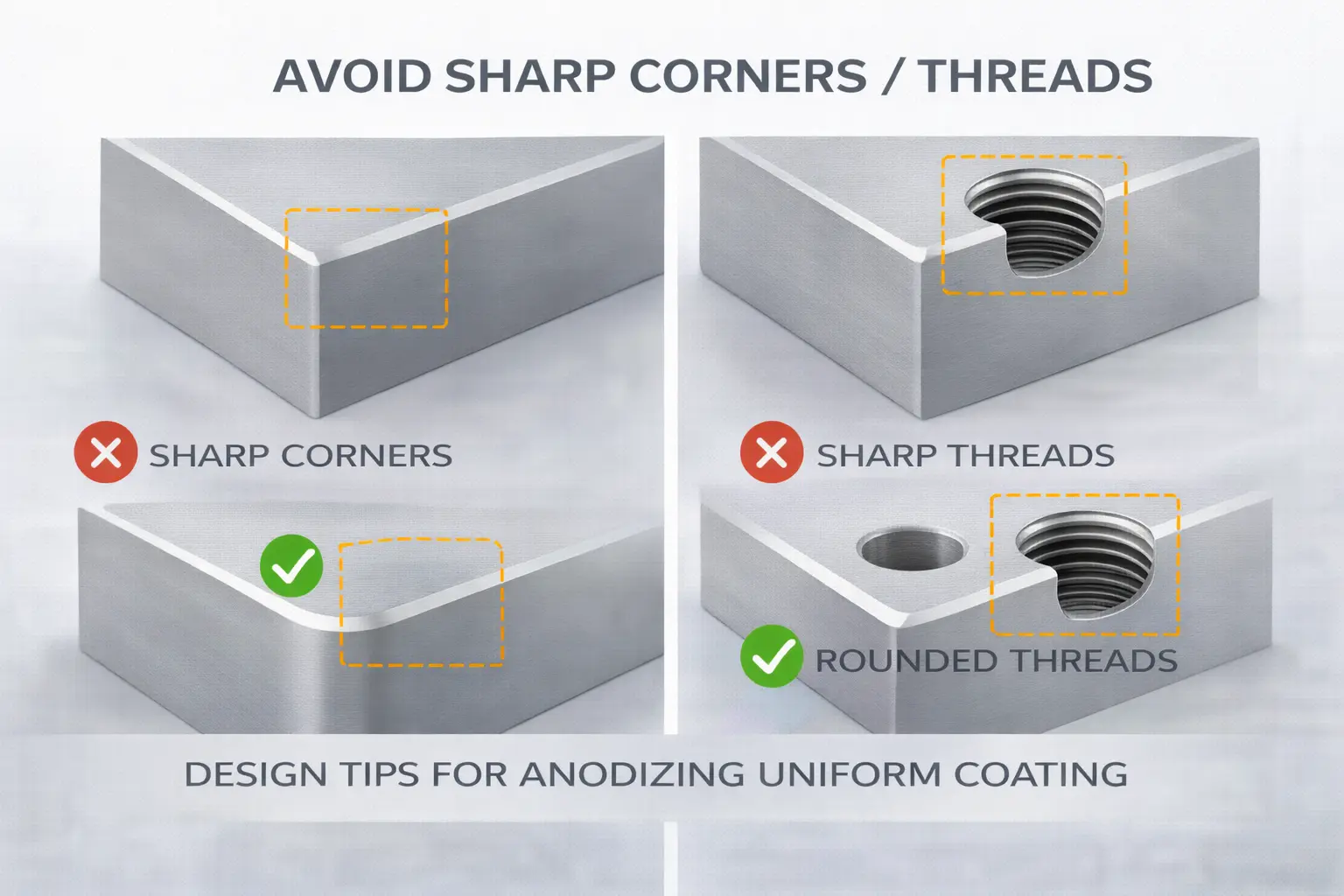 CAD model showing fillets and chamfers for proper anodizing coating uniformity