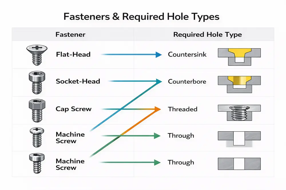 Engineering illustration showing how fastener head styles match countersink and counterbore holes