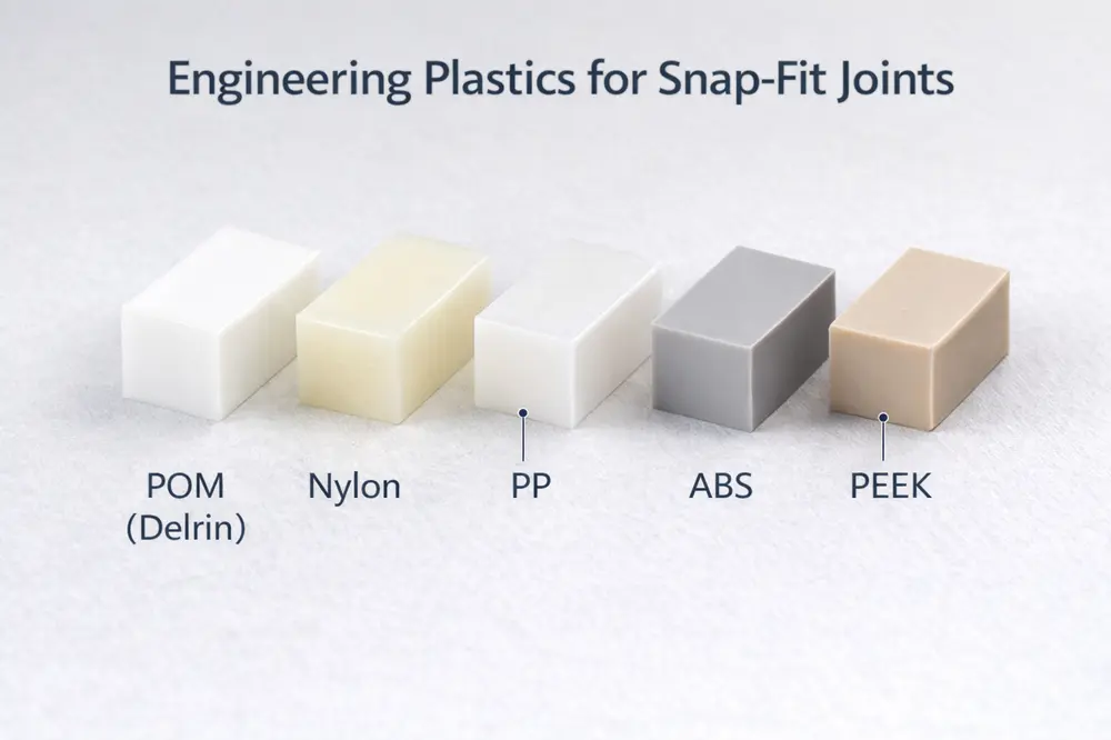 Engineering plastics for snap-fit joints including POM Delrin, Nylon, Polypropylene, ABS, and PEEK