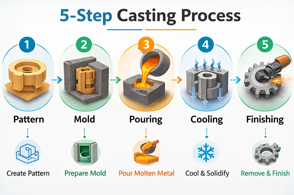 Five-step casting process illustration: pattern, mold, pouring, cooling, finishing