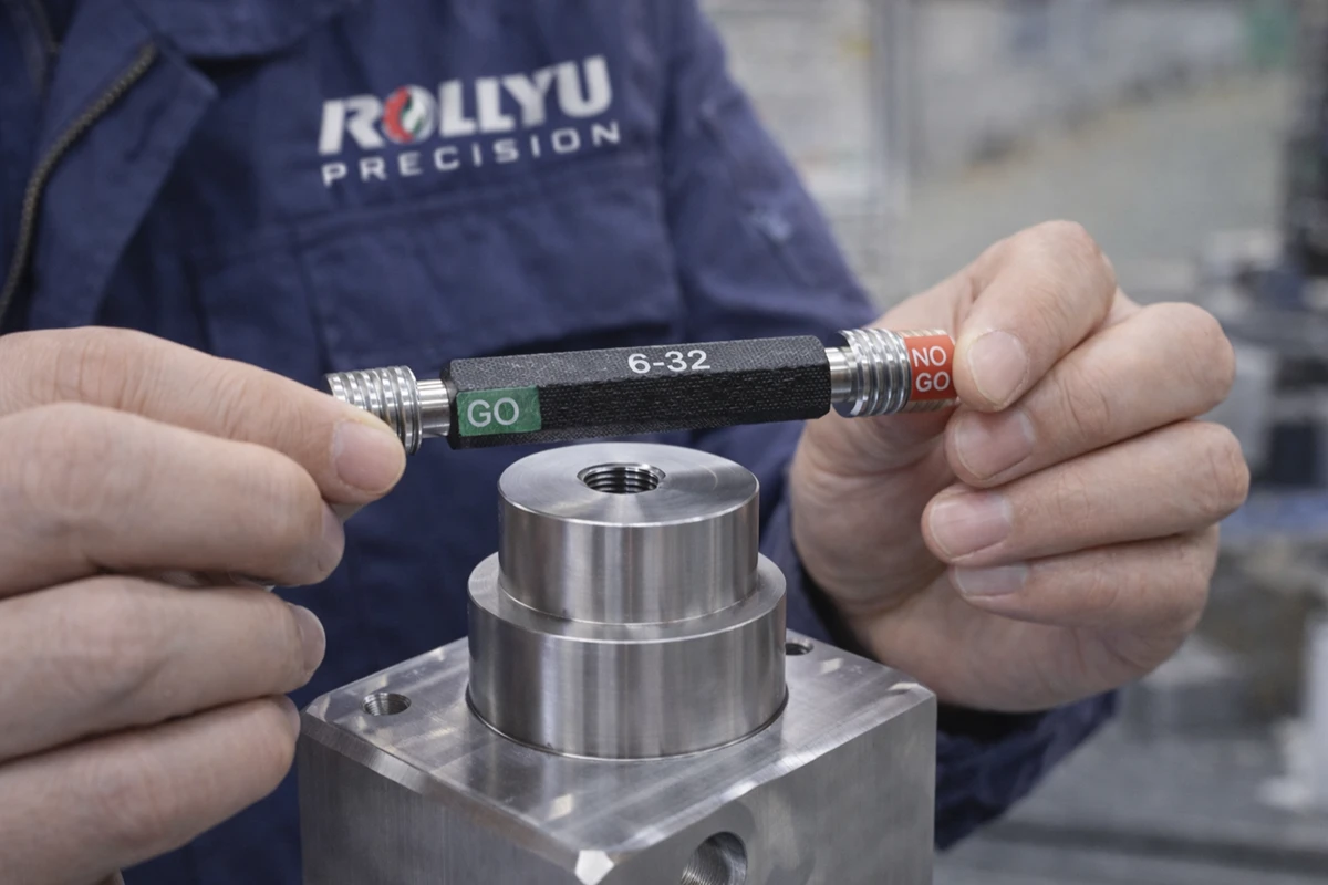 Quality control inspector using a go/no-go thread plug gauge to verify tapped hole tolerance