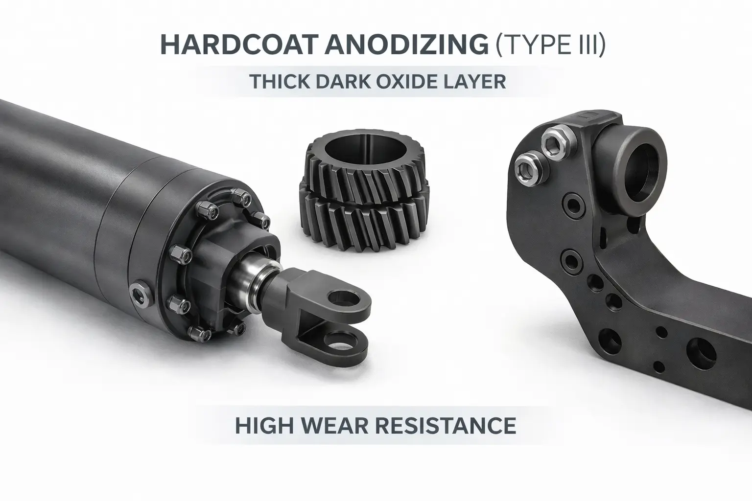 Hardcoat anodized aluminum components with thick dark oxide layer for high wear resistance