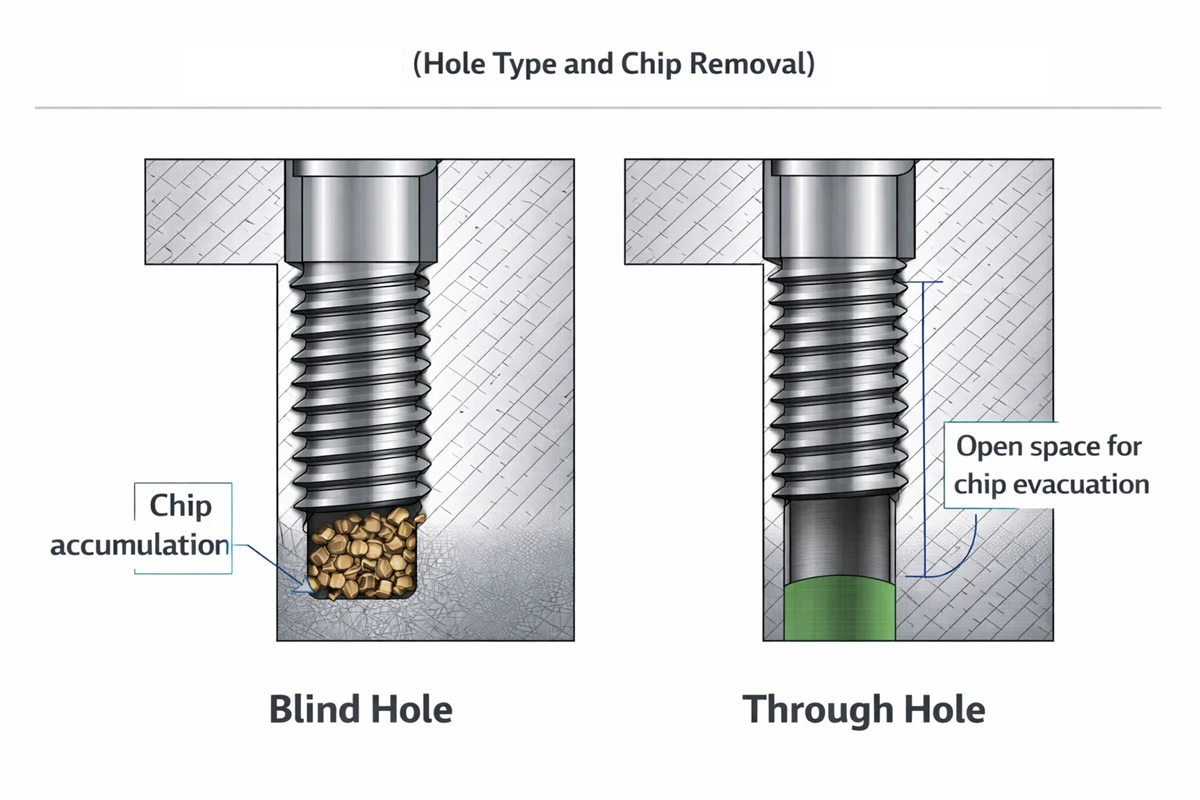 Cross-section showing chip evacuation differences between blind tapped holes and through tapped holes