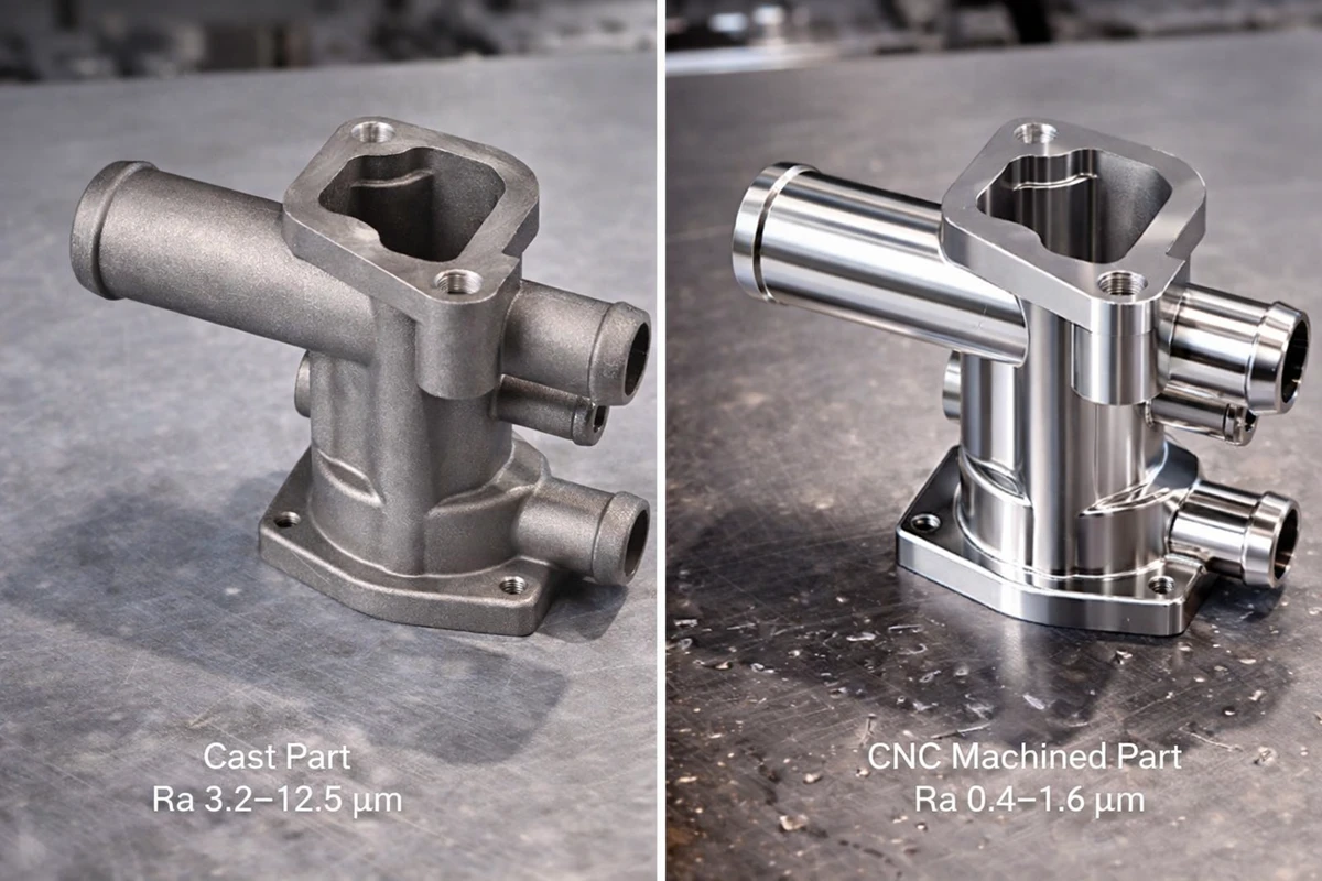 Side-by-side comparison of a rough cast part and a smooth CNC machined part