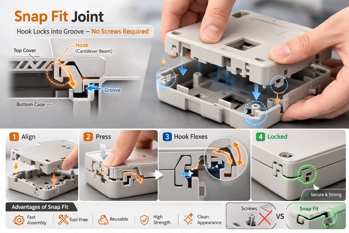 Snap fit joint plastic enclosure assembly showing hook locking into groove