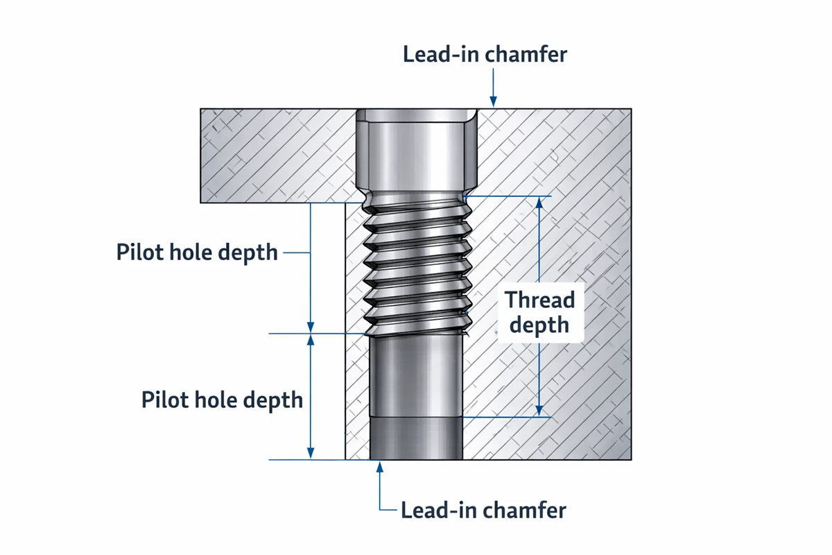 Engineering drawing cross-section showing proper callouts for thread depth, pilot hole depth, and chamfer