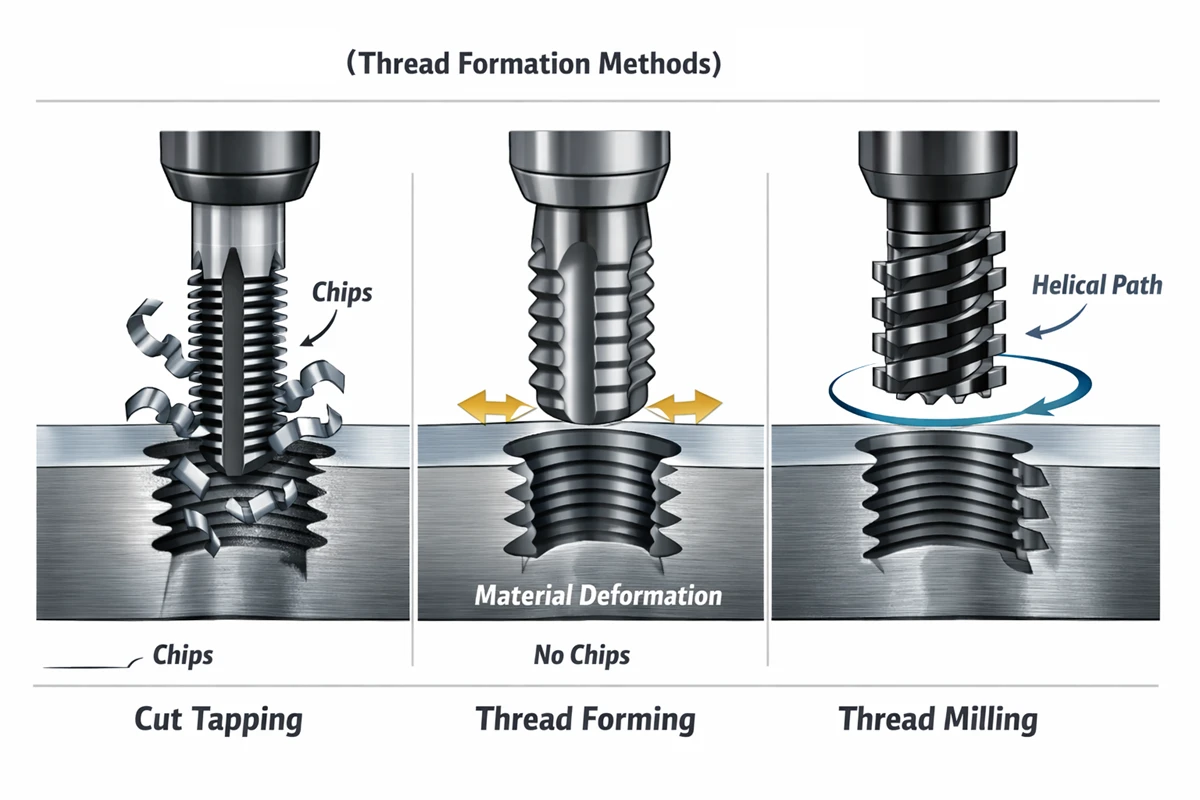 Comparison of cut tapping, thread forming, and thread milling processes