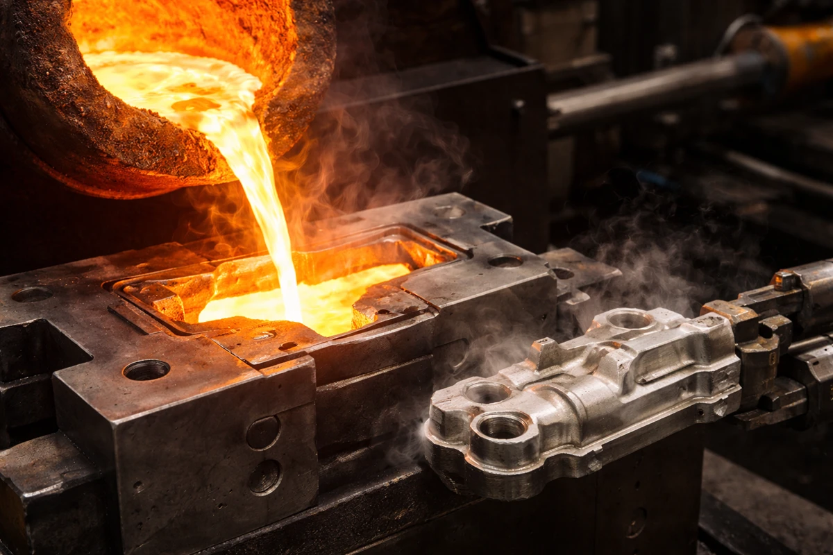 Molten metal being poured into a mold to create a near-net shape casting
