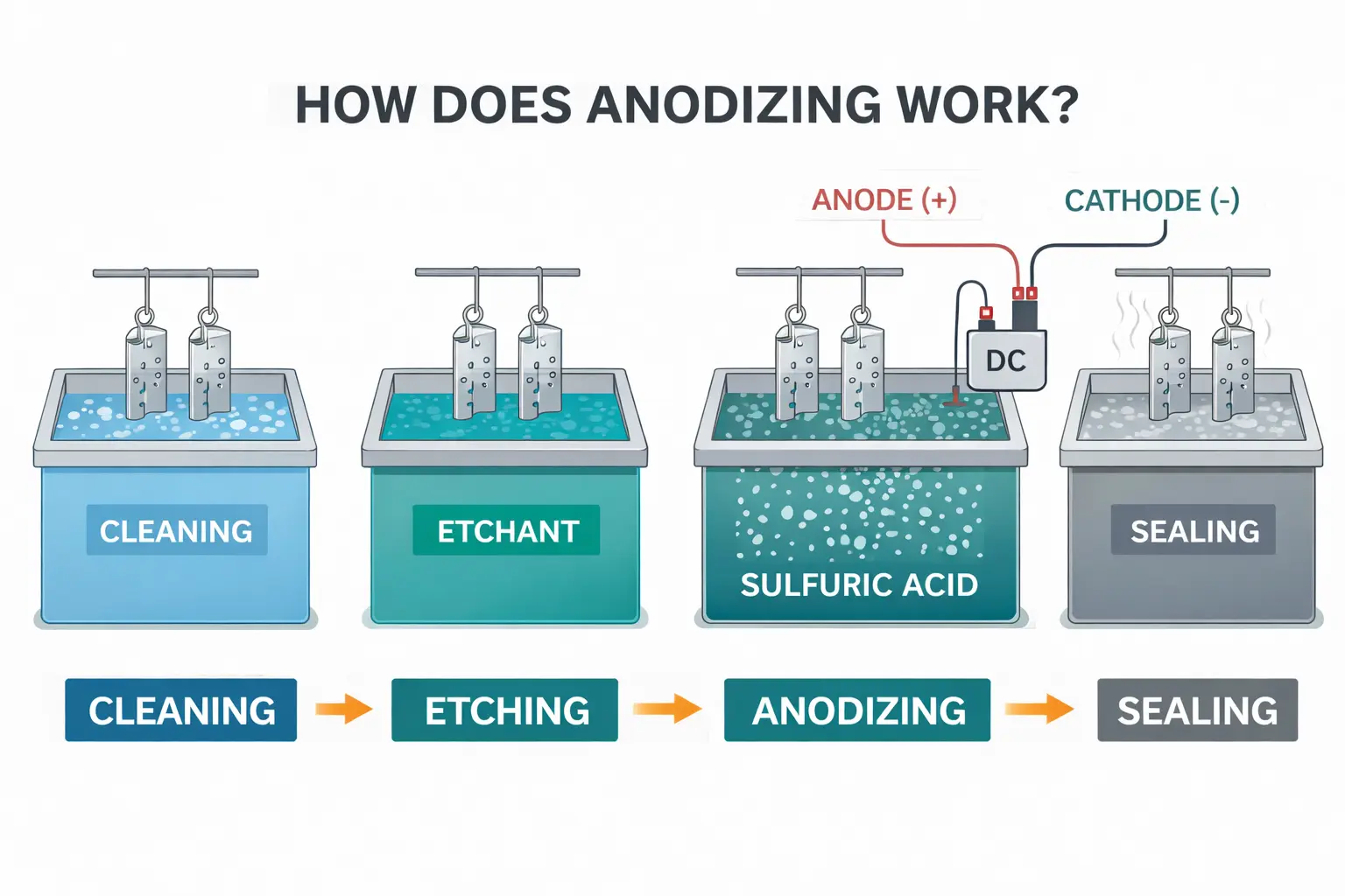 anodizing process steps including cleaning, etching, anodizing, and sealing