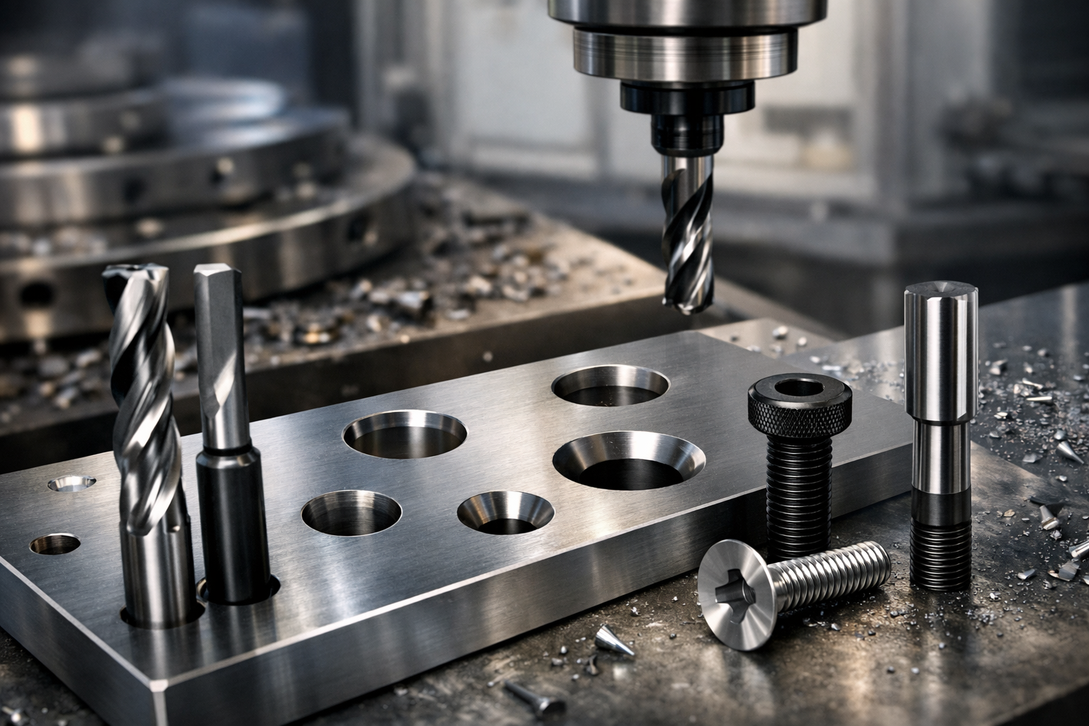 CNC machining cover image showing precision-drilled hole types on a metal workpiece with tooling and fasteners.