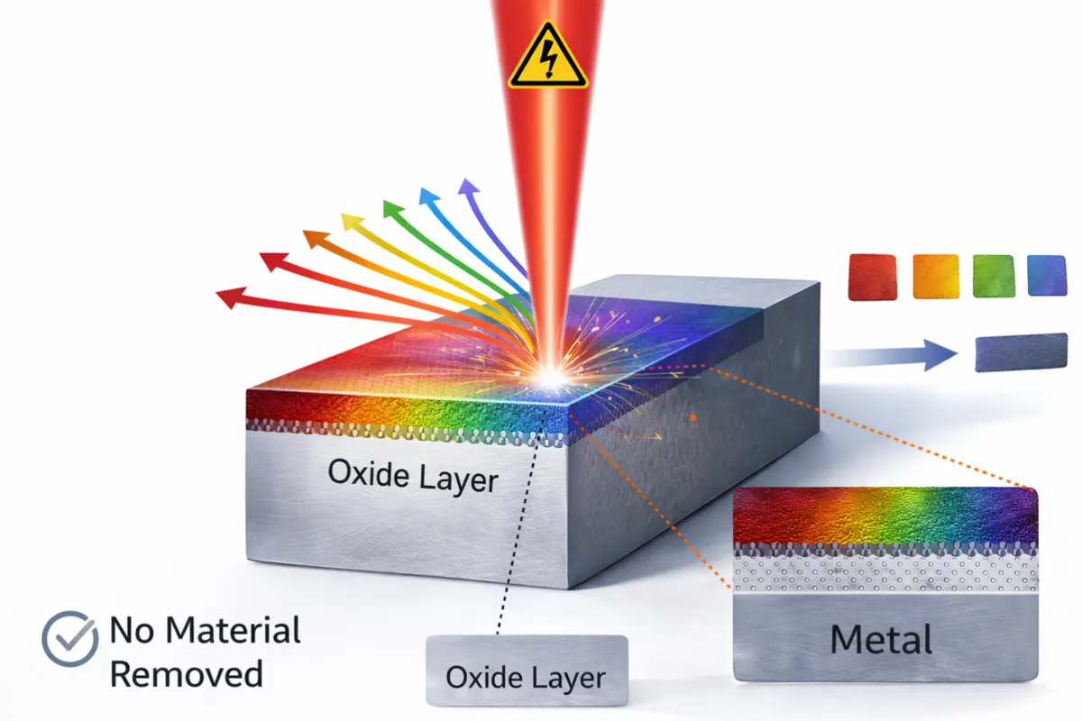how focused laser beam alters surface color without removing material