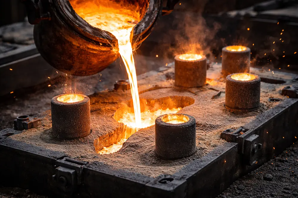 High-temperature steel pour into a sand mold, showing risers and molten flow