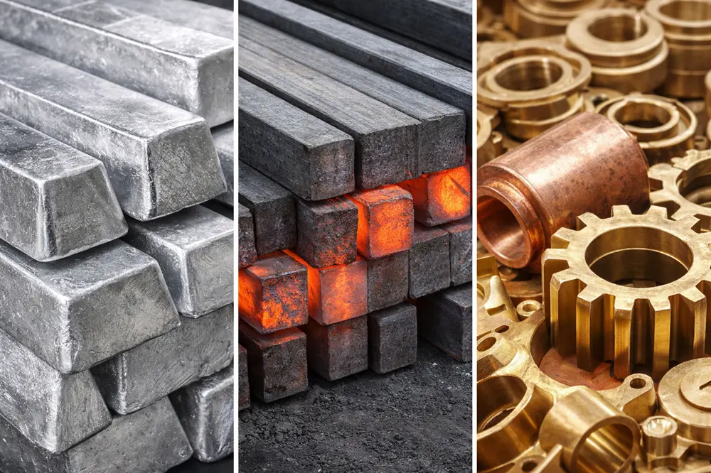 Collage of aluminum ingots, steel billets, and copper/brass castings