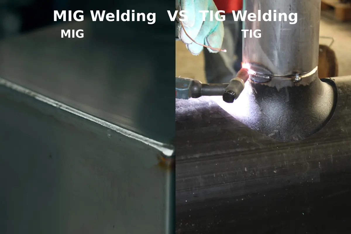Comparison of MIG weld with spatter and TIG weld with a clean, smooth finish