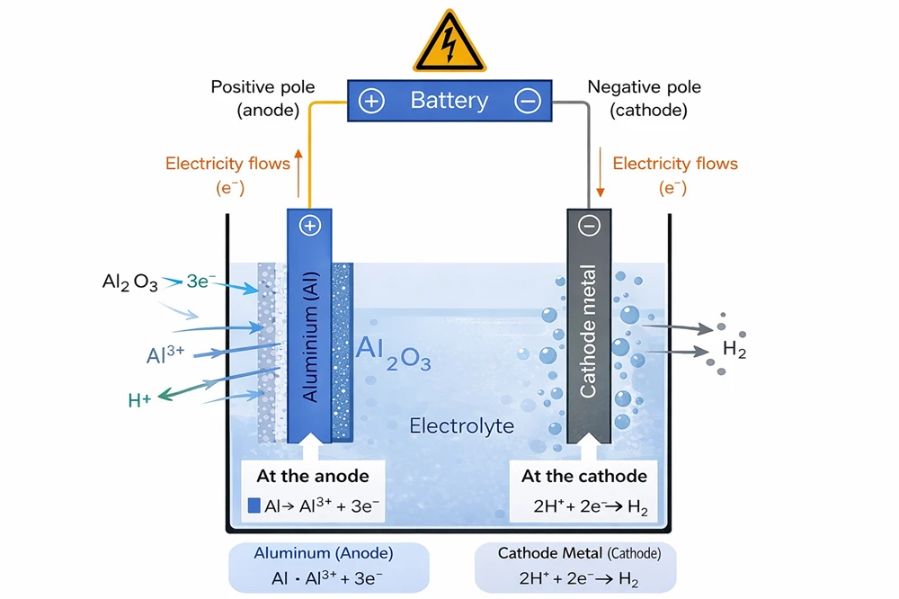 Diagram showing why anodizing acid dissolves steel