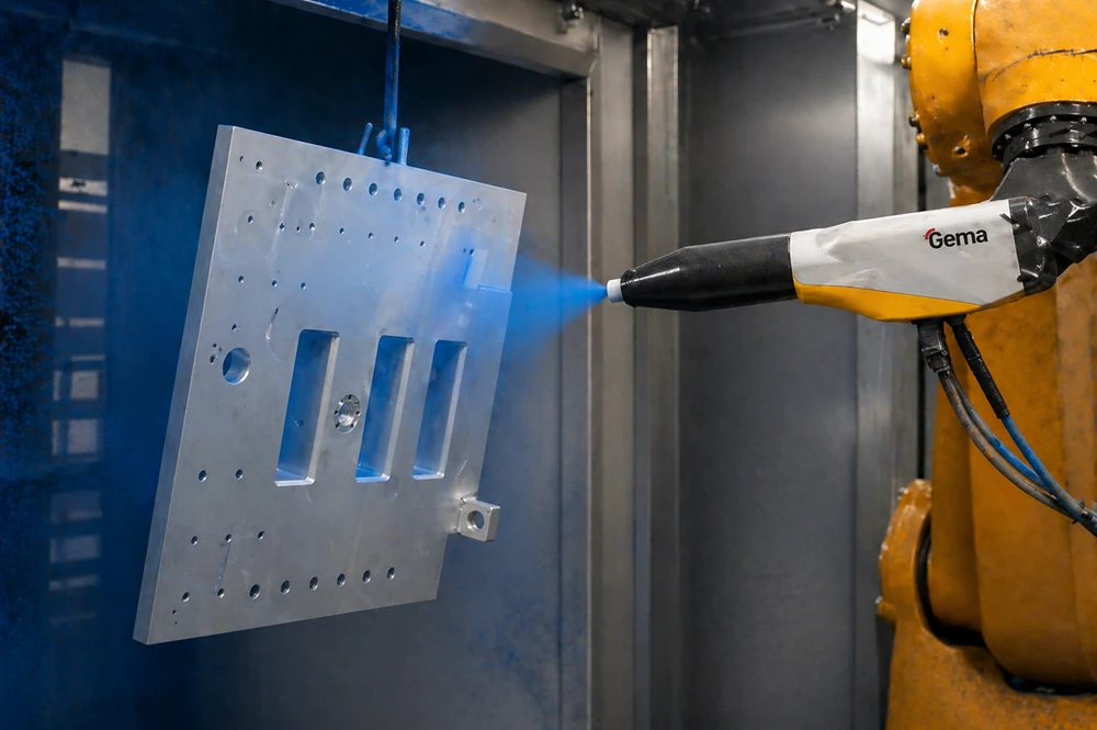 Automated electrostatic powder coating spray gun applying a uniform finish to a complex metal chassis