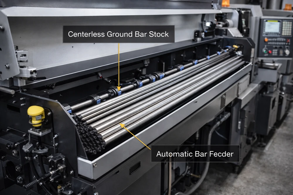 Centerless ground bar stock loaded into an automatic bar feeder for continuous Swiss turning