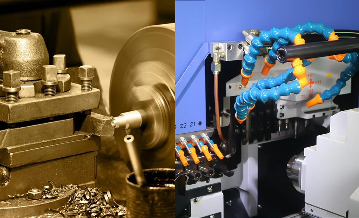 Comparison of mechanical cam-operated lathe mechanisms and modern digital CNC Swiss machine G-code interfaces