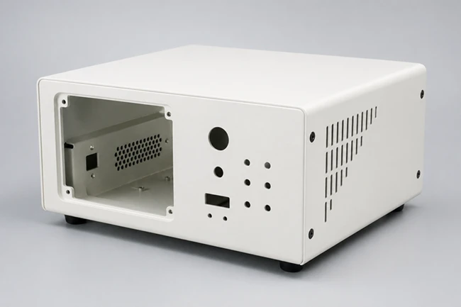 durable powder coated sheet metal electronic enclosure showing uniform edge coverage and flawless cosmetic finish